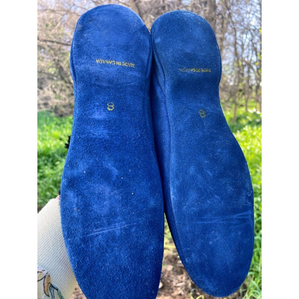 VIntage 1960s Canada Blue Red  Suede Fur Womens Moccasin Slipper Sz 8 - Picture 15 of 16